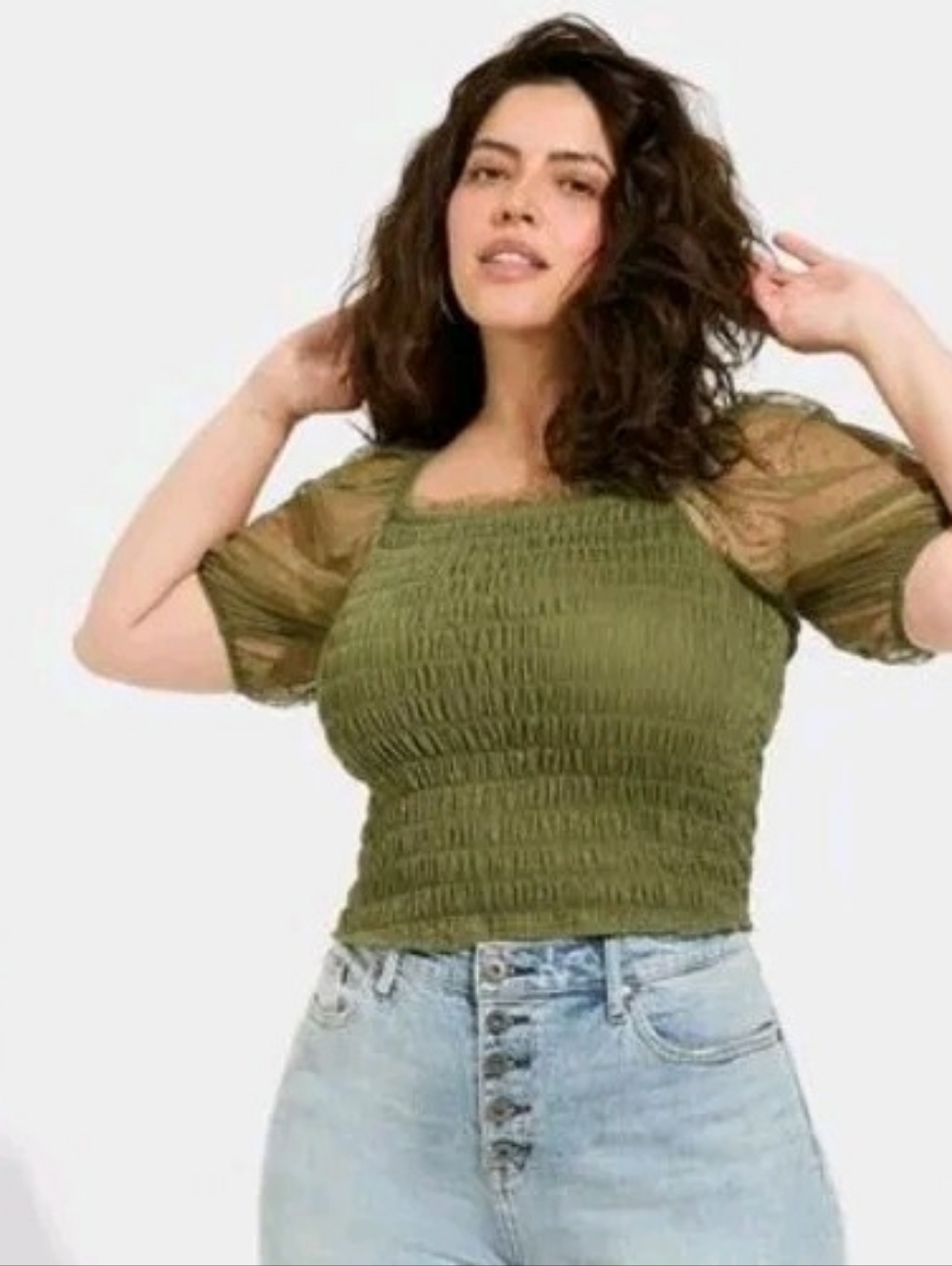 Torrid Olive Smocked Square-Neck Puff Sleeve Top